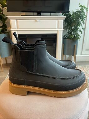 Hunter Original Moc Toe Black Chelsea Rain Boots with Tan Stacked Sole